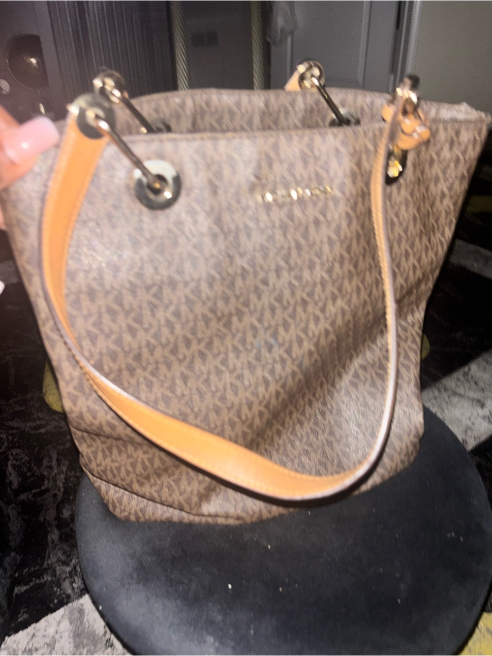 Michael Kors Brown MK Logo Shoulder Bag with Tan Straps. (INSIDE NEEDS CLEANED
